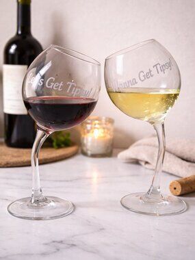 Tipsy Slanted Wine Glasses Set of 2 Funny Novelty “Let’s Get Tipsy” Gag Gift